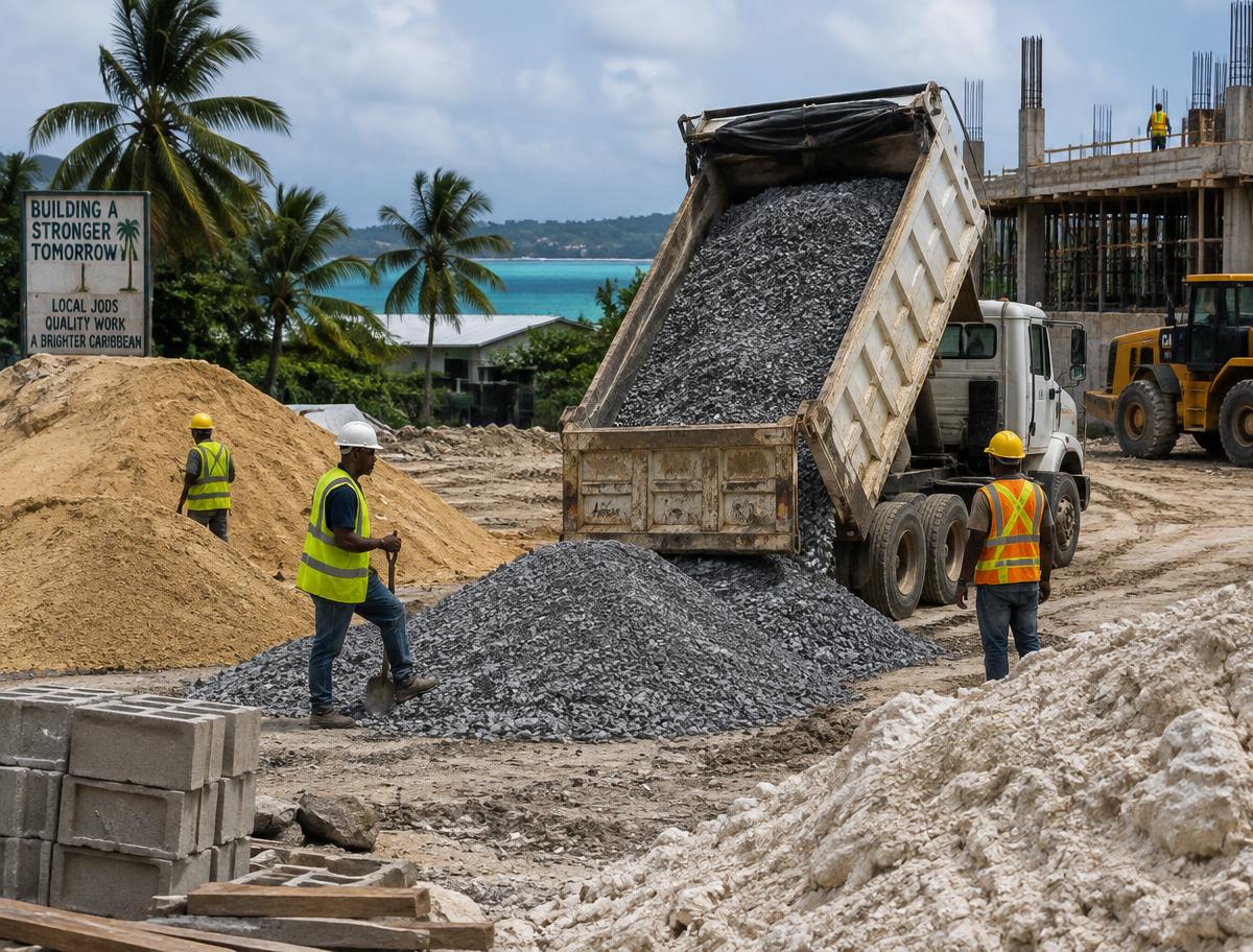 Dump truck unloading crushed stone at a Jamaican construction site