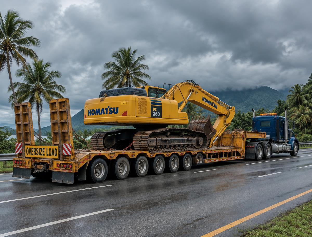 Excavator secured on a lowboy trailer for transport